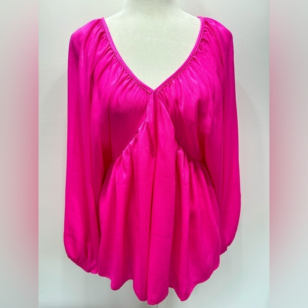 BUCKETLIST Shiny Hot Pink Blousy Puff Sleeve Empire Waist Romantic Top Barbie